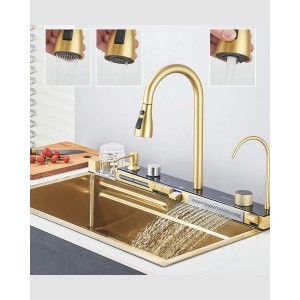 NARON Πολυλειτουργικό χειροποίητο σετ νεροχύτη κουζίνας από ανοξείδωτο ατσάλι 304 μονό με ψηφιακή οθόνη καταρράκτη σετ νεροχύτη με βρύση κουζίνας NR-5521BG BRUSHED GOLD