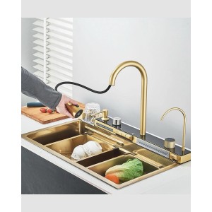 NARON Πολυλειτουργικό χειροποίητο σετ νεροχύτη κουζίνας από ανοξείδωτο ατσάλι 304 μονό με ψηφιακή οθόνη καταρράκτη σετ νεροχύτη με βρύση κουζίνας NR-5521BG BRUSHED GOLD