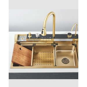 NARON Πολυλειτουργικό χειροποίητο σετ νεροχύτη κουζίνας από ανοξείδωτο ατσάλι 304 μονό με ψηφιακή οθόνη καταρράκτη σετ νεροχύτη με βρύση κουζίνας NR-5521BG BRUSHED GOLD