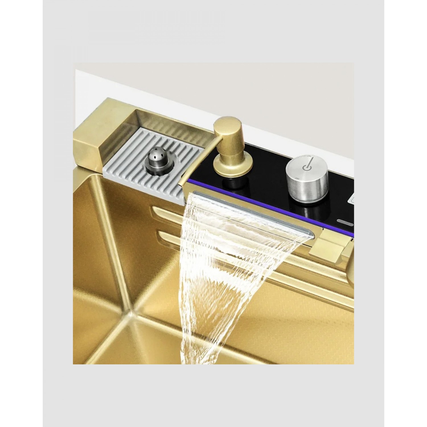 NARON Πολυλειτουργικό χειροποίητο σετ νεροχύτη κουζίνας από ανοξείδωτο ατσάλι 304 μονό με ψηφιακή οθόνη καταρράκτη σετ νεροχύτη με βρύση κουζίνας NR-5521BG BRUSHED GOLD