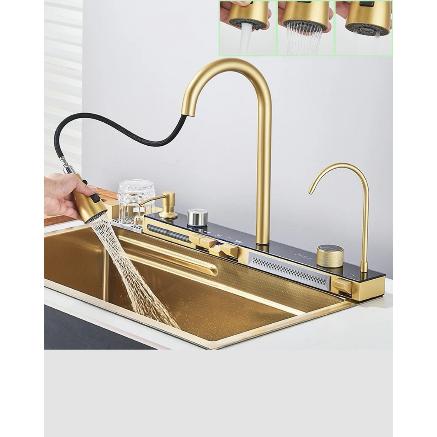 NARON Πολυλειτουργικό χειροποίητο σετ νεροχύτη κουζίνας από ανοξείδωτο ατσάλι 304 μονό με ψηφιακή οθόνη καταρράκτη σετ νεροχύτη με βρύση κουζίνας NR-5521BG BRUSHED GOLD