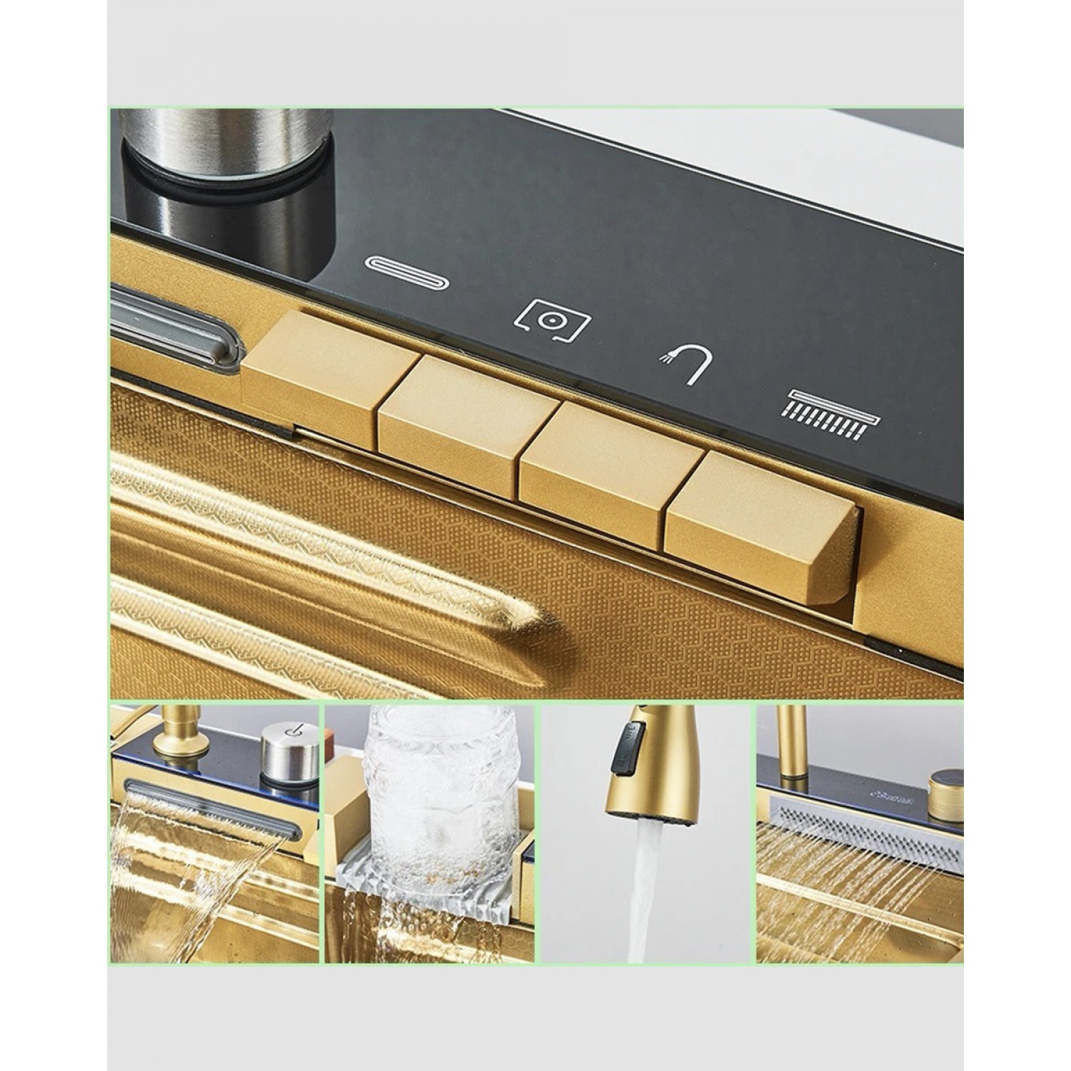 NARON Πολυλειτουργικό χειροποίητο σετ νεροχύτη κουζίνας από ανοξείδωτο ατσάλι 304 μονό με ψηφιακή οθόνη καταρράκτη σετ νεροχύτη με βρύση κουζίνας NR-5521BG BRUSHED GOLD