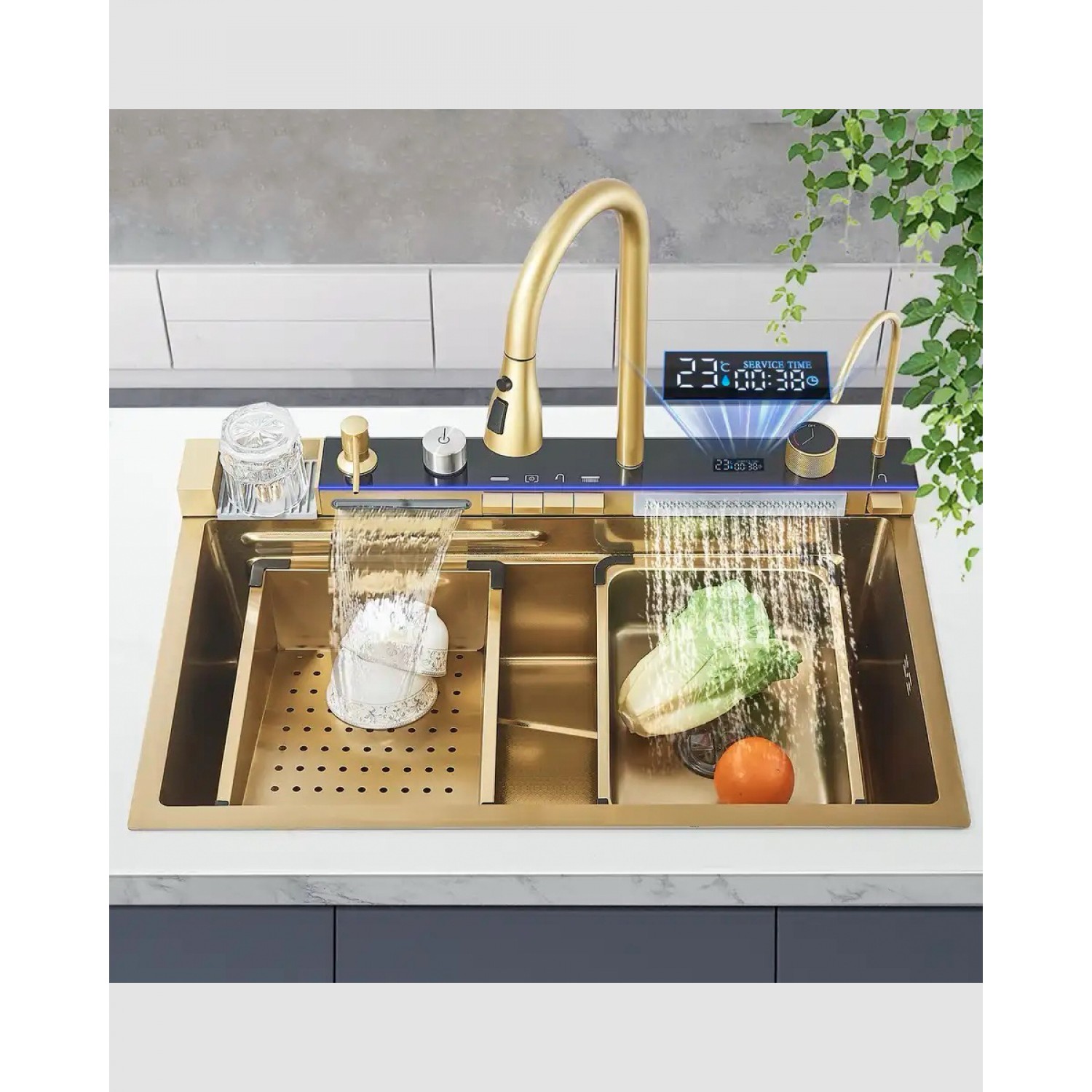 NARON Πολυλειτουργικό χειροποίητο σετ νεροχύτη κουζίνας από ανοξείδωτο ατσάλι 304 μονό με ψηφιακή οθόνη καταρράκτη σετ νεροχύτη με βρύση κουζίνας NR-5521BG BRUSHED GOLD
