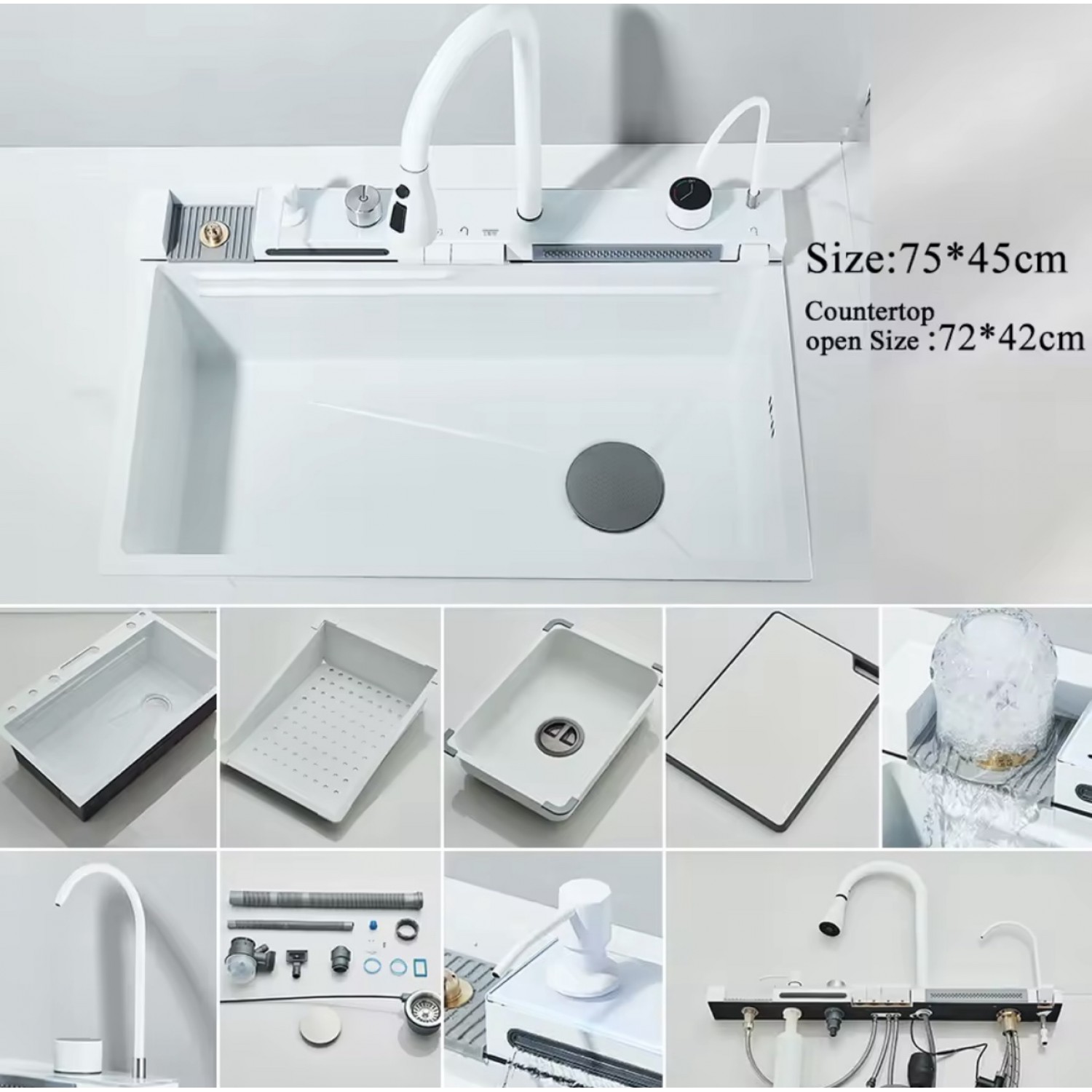 NARON Μοντέρνο υψηλής ποιότητας χειροποίητο σετ νεροχύτη κουζίνας από ανοξείδωτο ατσάλι 304 μονό με ψηφιακή οθόνη καταρράκτη σετ νεροχύτη με βρύση κουζίνας NR-5521W WHITE