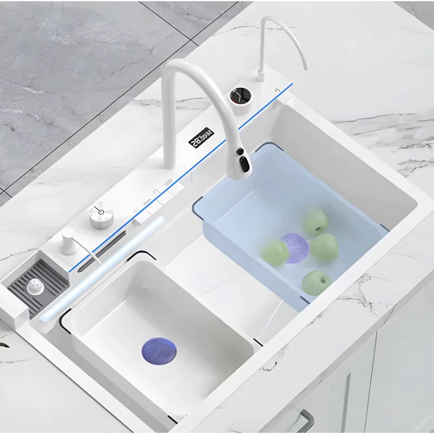 NARON Μοντέρνο υψηλής ποιότητας χειροποίητο σετ νεροχύτη κουζίνας από ανοξείδωτο ατσάλι 304 μονό με ψηφιακή οθόνη καταρράκτη σετ νεροχύτη με βρύση κουζίνας NR-5521W WHITE