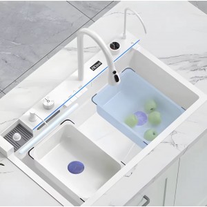 NARON Μοντέρνο υψηλής ποιότητας χειροποίητο σετ νεροχύτη κουζίνας από ανοξείδωτο ατσάλι 304 μονό με ψηφιακή οθόνη καταρράκτη σετ νεροχύτη με βρύση κουζίνας NR-5521W WHITE