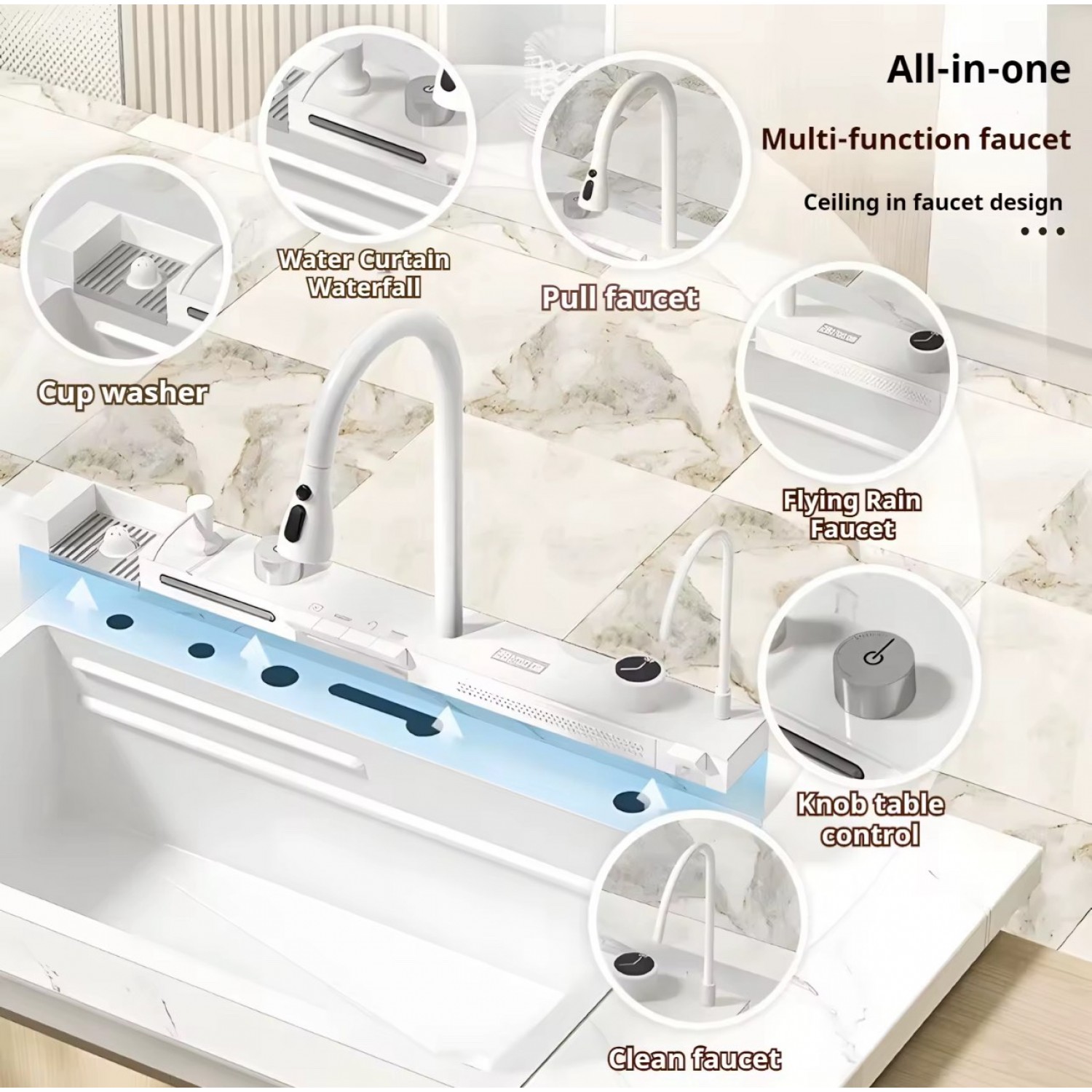 NARON Μοντέρνο υψηλής ποιότητας χειροποίητο σετ νεροχύτη κουζίνας από ανοξείδωτο ατσάλι 304 μονό με ψηφιακή οθόνη καταρράκτη σετ νεροχύτη με βρύση κουζίνας NR-5521W WHITE