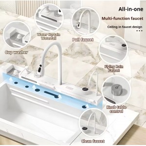 NARON Μοντέρνο υψηλής ποιότητας χειροποίητο σετ νεροχύτη κουζίνας από ανοξείδωτο ατσάλι 304 μονό με ψηφιακή οθόνη καταρράκτη σετ νεροχύτη με βρύση κουζίνας NR-5521W WHITE