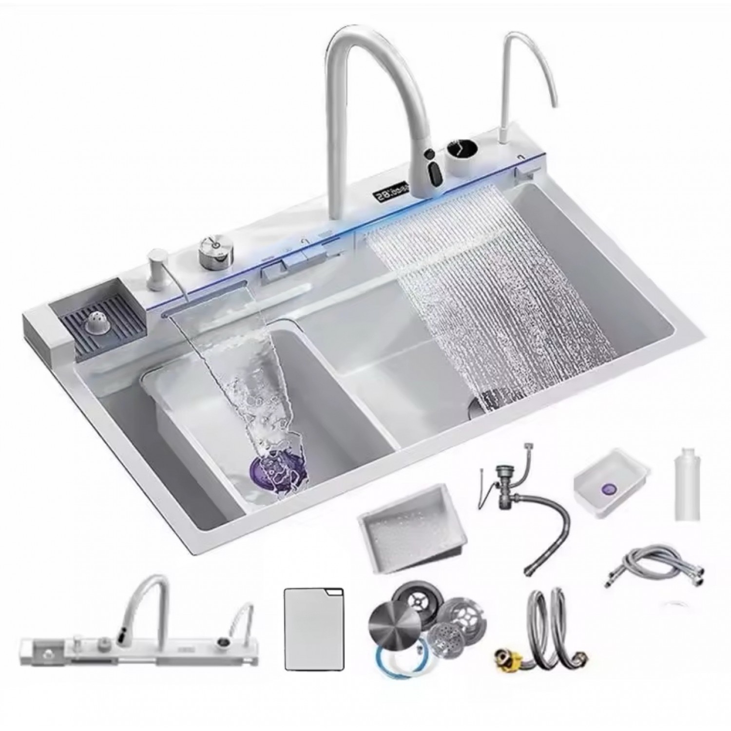 NARON Μοντέρνο υψηλής ποιότητας χειροποίητο σετ νεροχύτη κουζίνας από ανοξείδωτο ατσάλι 304 μονό με ψηφιακή οθόνη καταρράκτη σετ νεροχύτη με βρύση κουζίνας NR-5521W WHITE