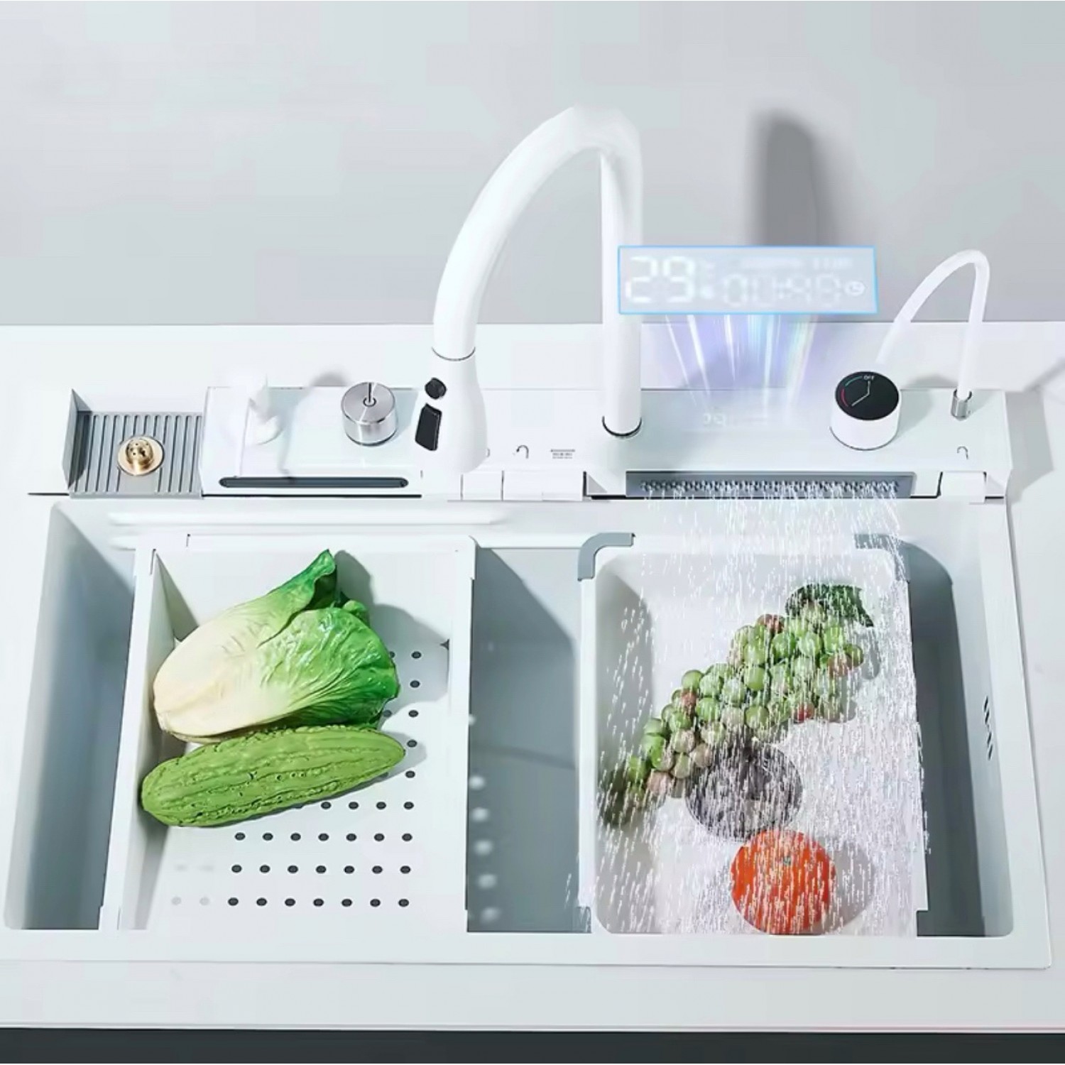 NARON Μοντέρνο υψηλής ποιότητας χειροποίητο σετ νεροχύτη κουζίνας από ανοξείδωτο ατσάλι 304 μονό με ψηφιακή οθόνη καταρράκτη σετ νεροχύτη με βρύση κουζίνας NR-5521W WHITE