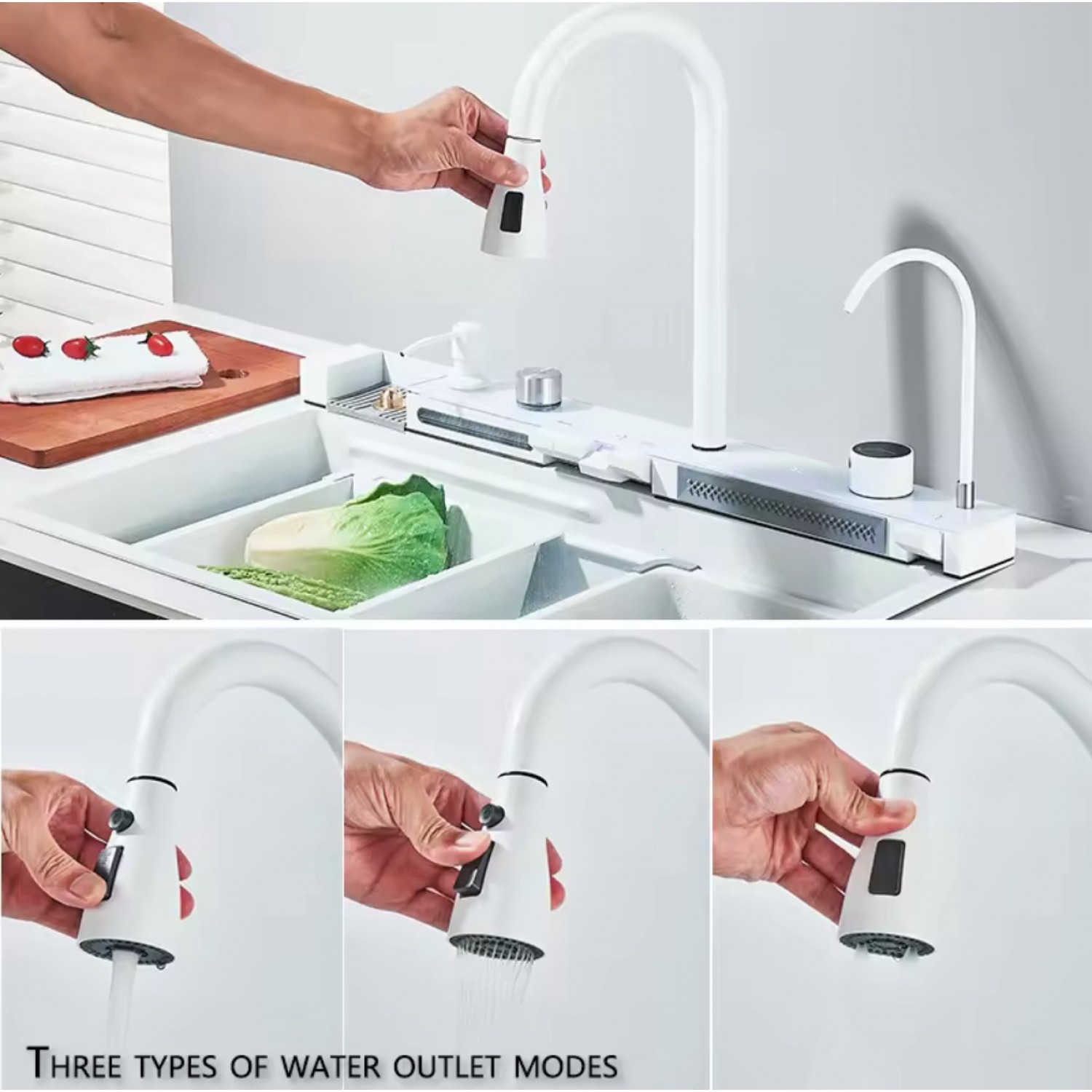 NARON Μοντέρνο υψηλής ποιότητας χειροποίητο σετ νεροχύτη κουζίνας από ανοξείδωτο ατσάλι 304 μονό με ψηφιακή οθόνη καταρράκτη σετ νεροχύτη με βρύση κουζίνας NR-5521W WHITE