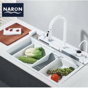 NARON Μοντέρνο υψηλής ποιότητας χειροποίητο σετ νεροχύτη κουζίνας από ανοξείδωτο ατσάλι 304 μονό με ψηφιακή οθόνη καταρράκτη σετ νεροχύτη με βρύση κουζίνας NR-5521W WHITE