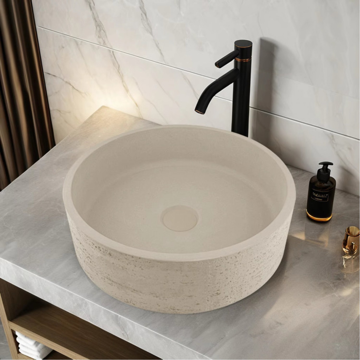 Naron Επιτραπέζιος Πέτρινος στρογγυλός νιπτήρας μπάνιου 39.5cm X 12cm με Pop-Up Waste NR-B001 Beige