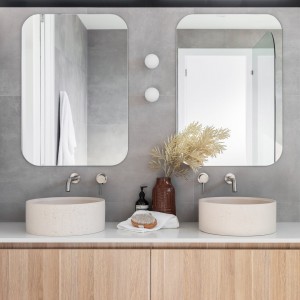 Naron Επιτραπέζιος Πέτρινος στρογγυλός νιπτήρας μπάνιου 39.5cm X 12cm με Pop-Up Waste NR-B001 Beige