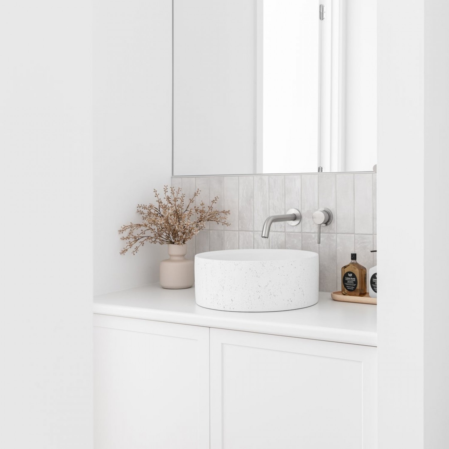 Naron Επιτραπέζιος Πέτρινος στρογγυλός νιπτήρας μπάνιου 39.5cm X 12cm με Pop-Up Waste NR-B001 White