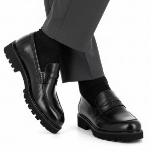 Life Style Butiken Ανδρικό δερμάτινο μοκασίνι με χοντρή σόλα LS18451 BLACK