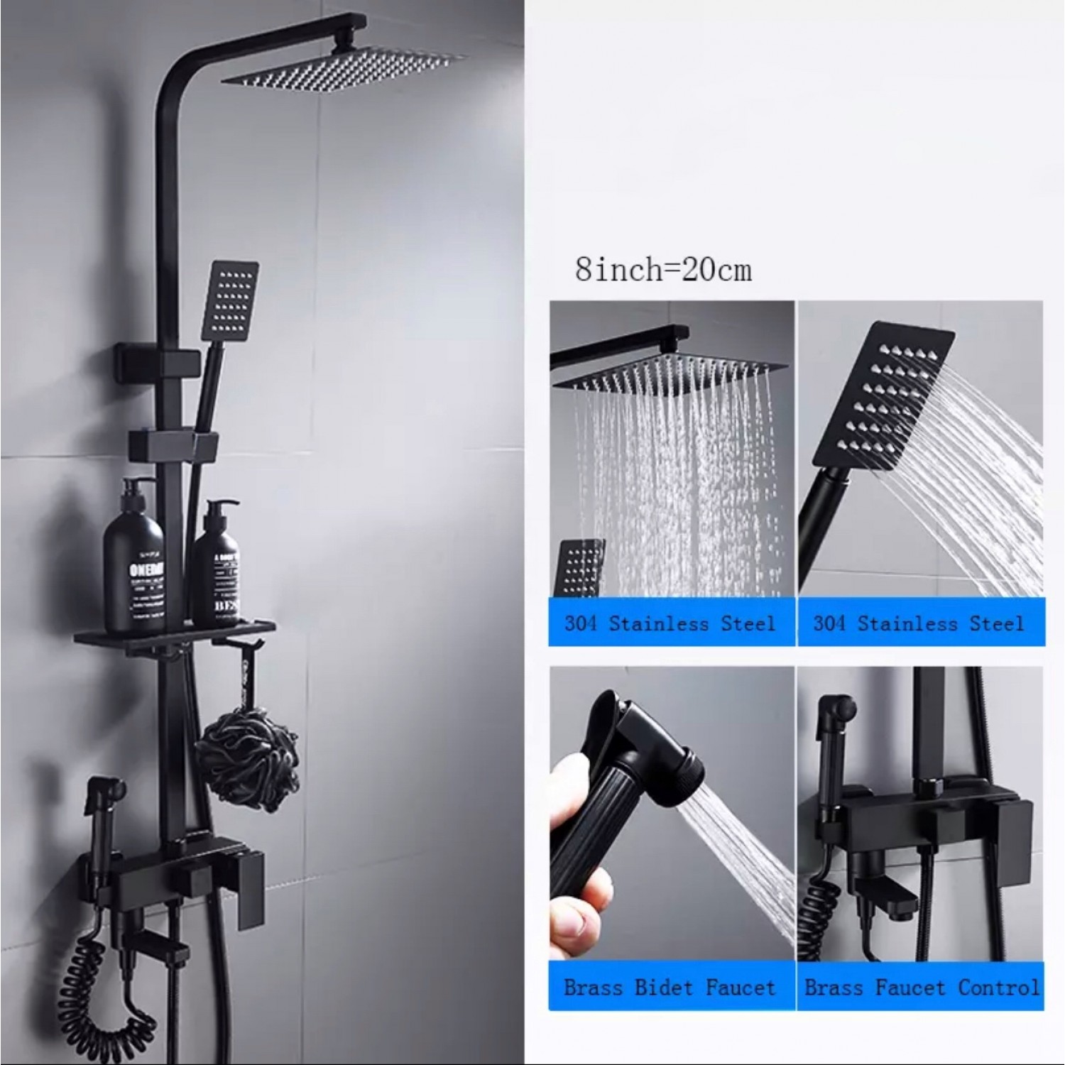 NARON Πολυτελής Στήλη Ντουζ με μπαταρία και ενσωματωμένο βρυσάκι με όλα τα Παρελκόμενα Τοποθέτησης NR4050 Black Mat