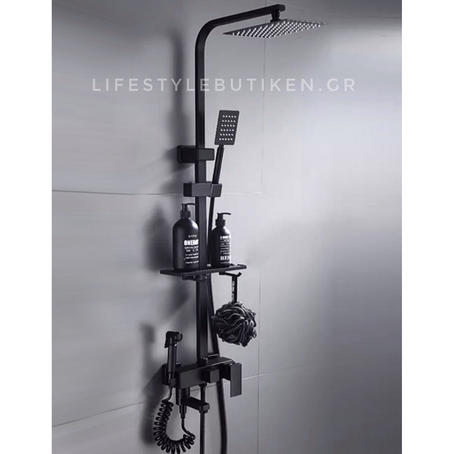 NARON Πολυτελής Στήλη Ντουζ με μπαταρία και ενσωματωμένο βρυσάκι με όλα τα Παρελκόμενα Τοποθέτησης NR-9002B BLACK MAT