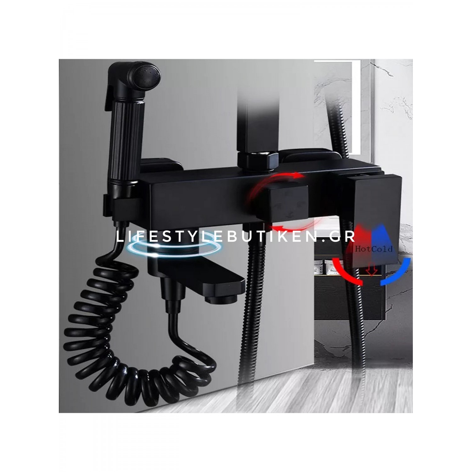 NARON Πολυτελής Στήλη Ντουζ με μπαταρία και ενσωματωμένο βρυσάκι με όλα τα Παρελκόμενα Τοποθέτησης NR-9002B BLACK MAT