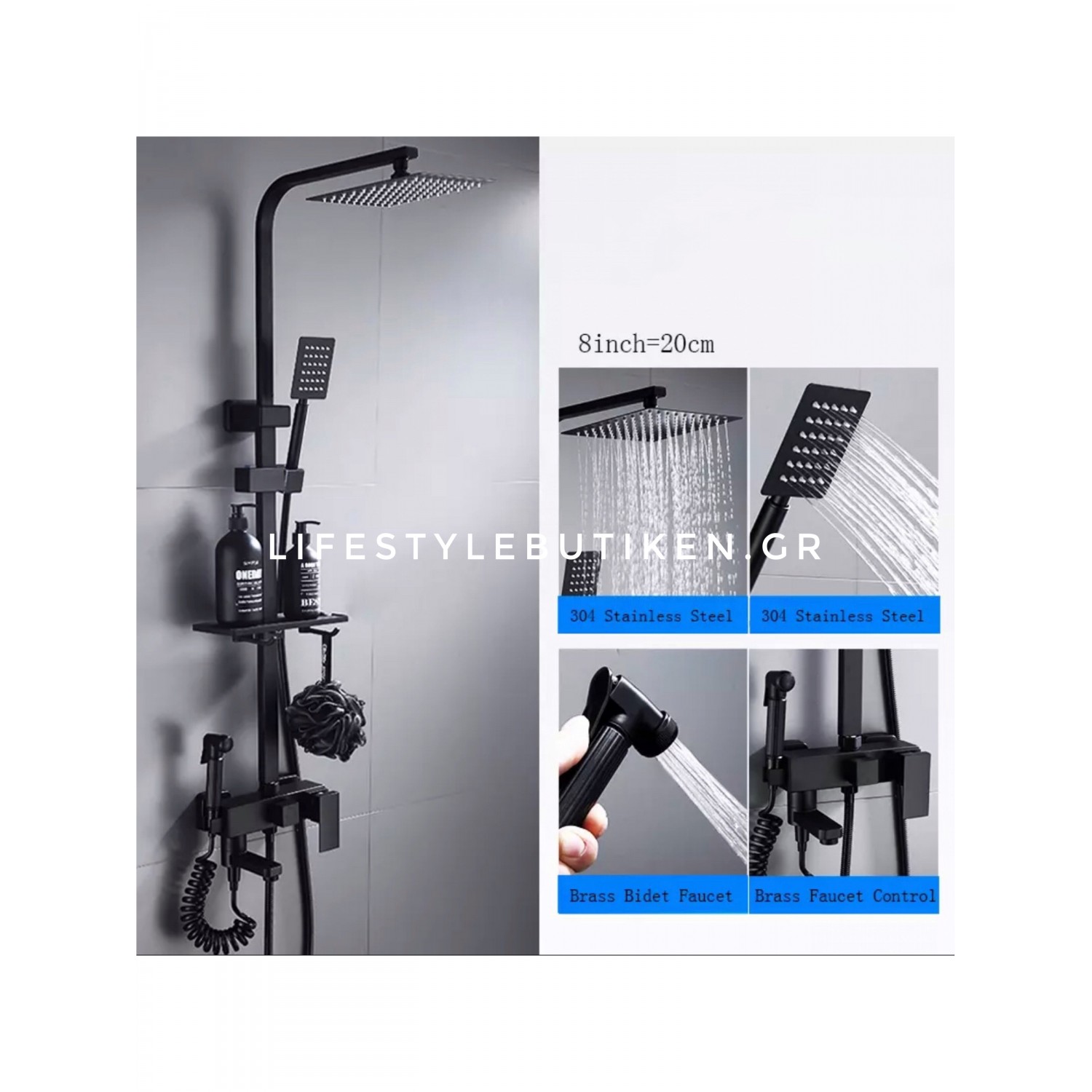 NARON Πολυτελής Στήλη Ντουζ με μπαταρία και ενσωματωμένο βρυσάκι με όλα τα Παρελκόμενα Τοποθέτησης NR-9002B BLACK MAT