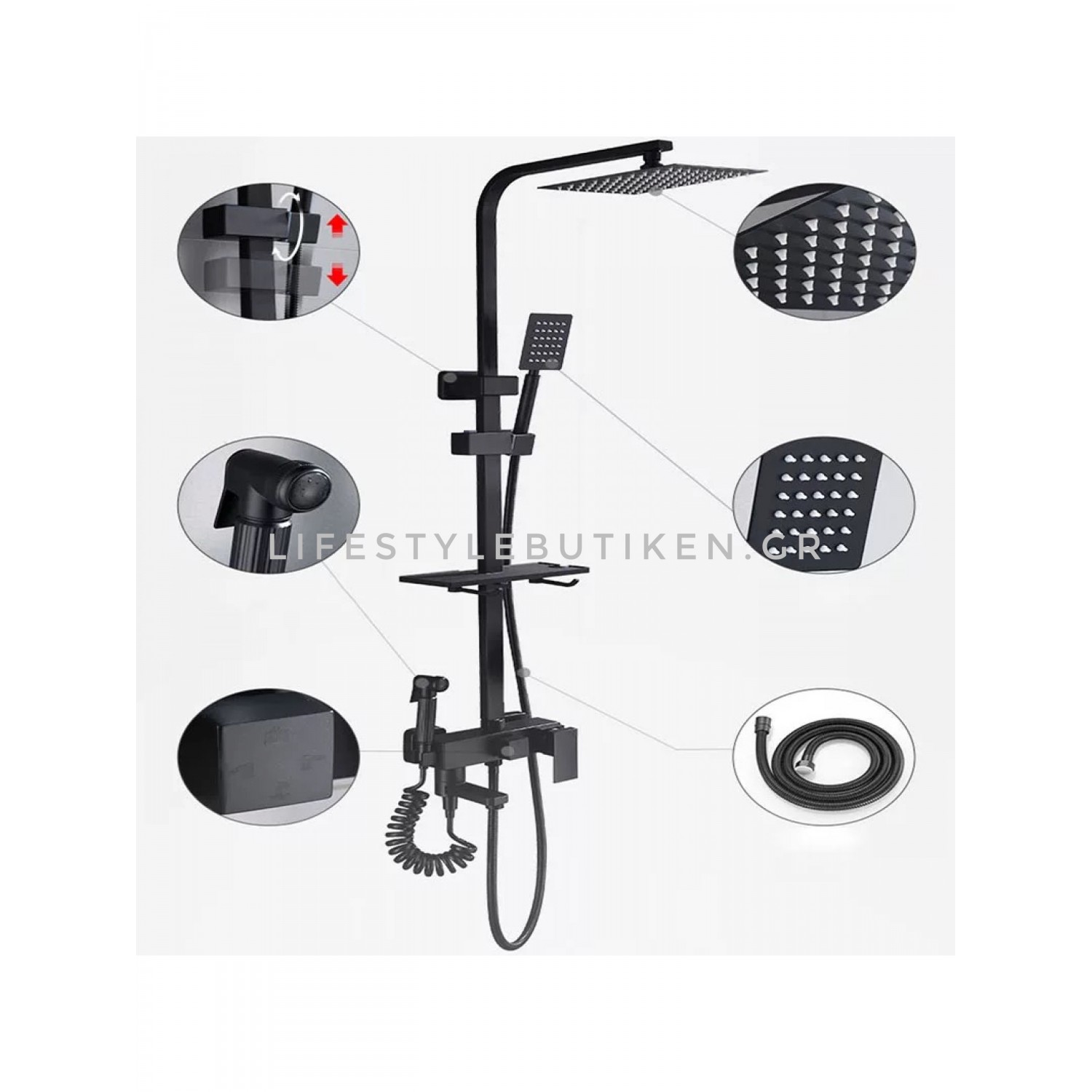 NARON Πολυτελής Στήλη Ντουζ με μπαταρία και ενσωματωμένο βρυσάκι με όλα τα Παρελκόμενα Τοποθέτησης NR-9002B BLACK MAT