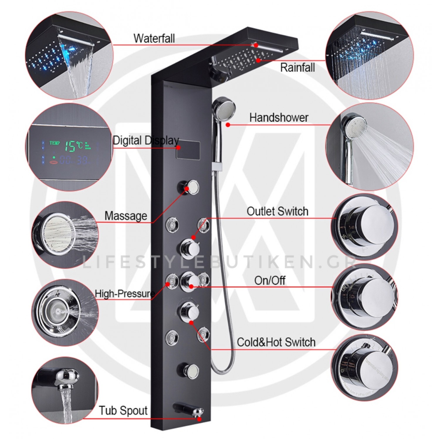 NARON Στήλη Ντουζ Υδρομασάζ Led Φωτισμό Και Ψηφιακή Οθόνη NR-6020B BLACK