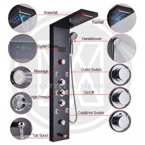 NARON Στήλη Ντουζ Υδρομασάζ Led Φωτισμό Και Ψηφιακή Οθόνη NR-6020B BLACK