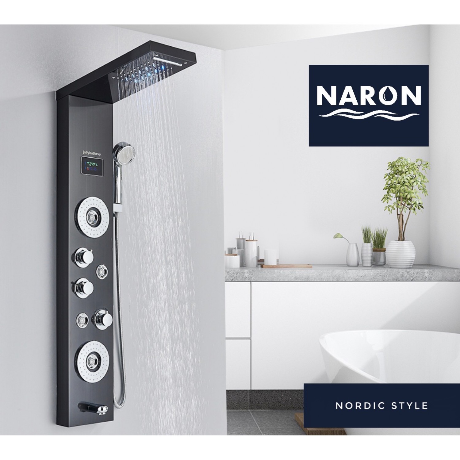 NARON Στήλη Ντουζ Υδρομασάζ Led Φωτισμό Και Ψηφιακή Οθόνη NR-6010B BLACK