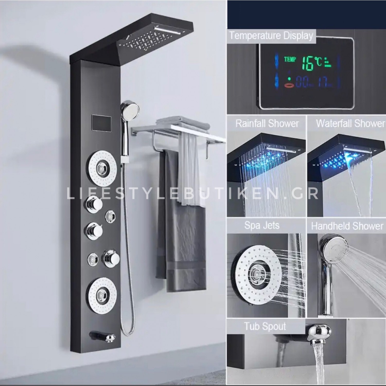 NARON Στήλη Ντουζ Υδρομασάζ Led Φωτισμό Και Ψηφιακή Οθόνη NR-6010B BLACK