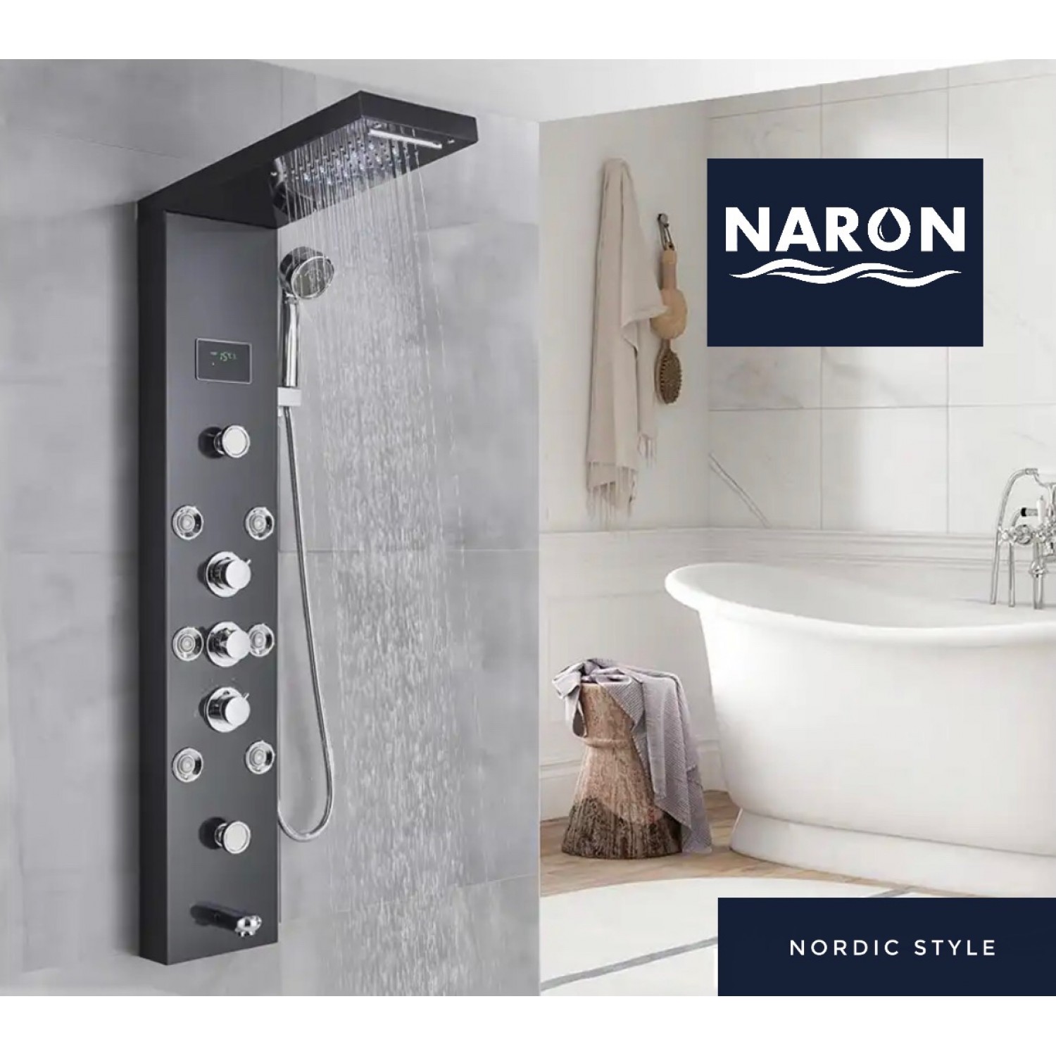 NARON Στήλη Ντουζ Υδρομασάζ Led Φωτισμό Και Ψηφιακή Οθόνη NR-6020B BLACK