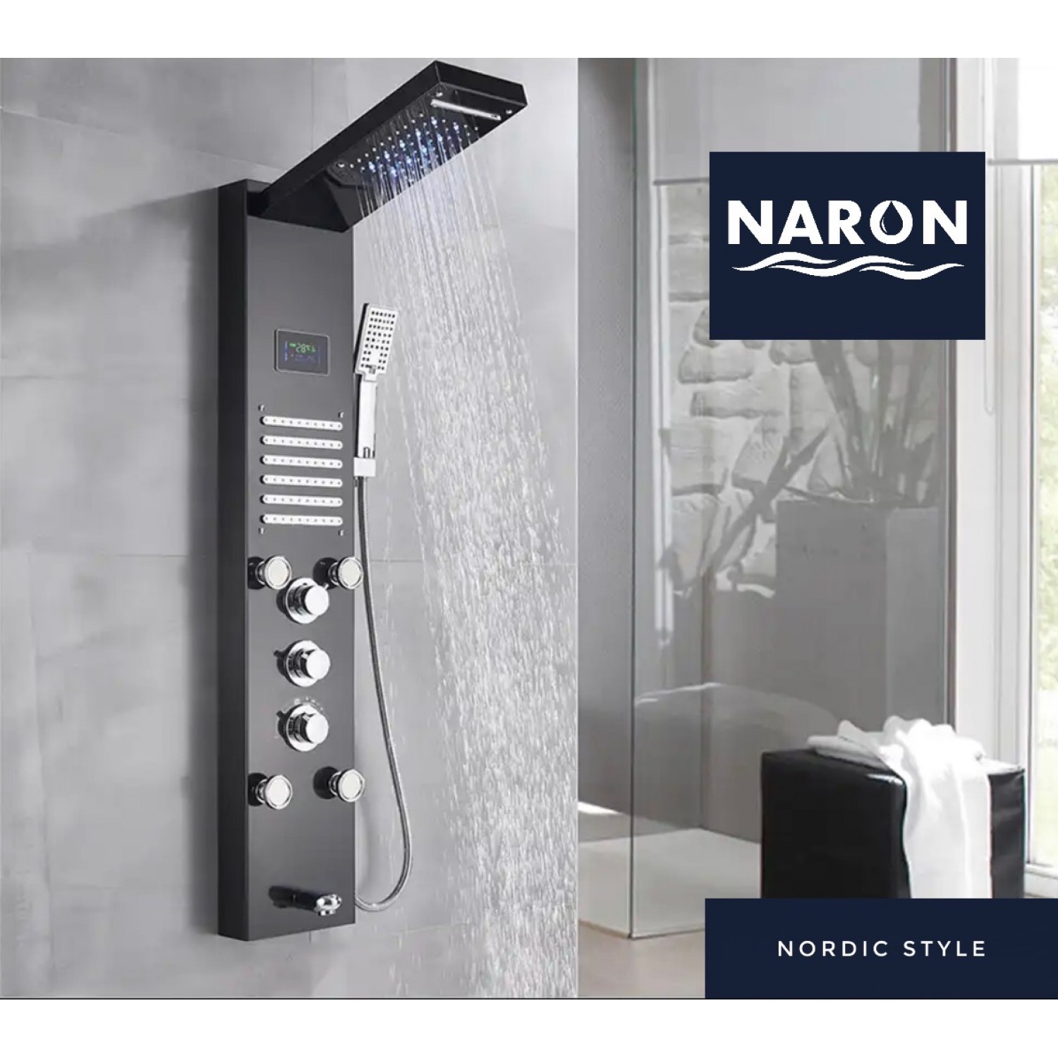 NARON Στήλη Ντουζ Υδρομασάζ Led Φωτισμό Και Ψηφιακή Οθόνη NR-6030B BLACK