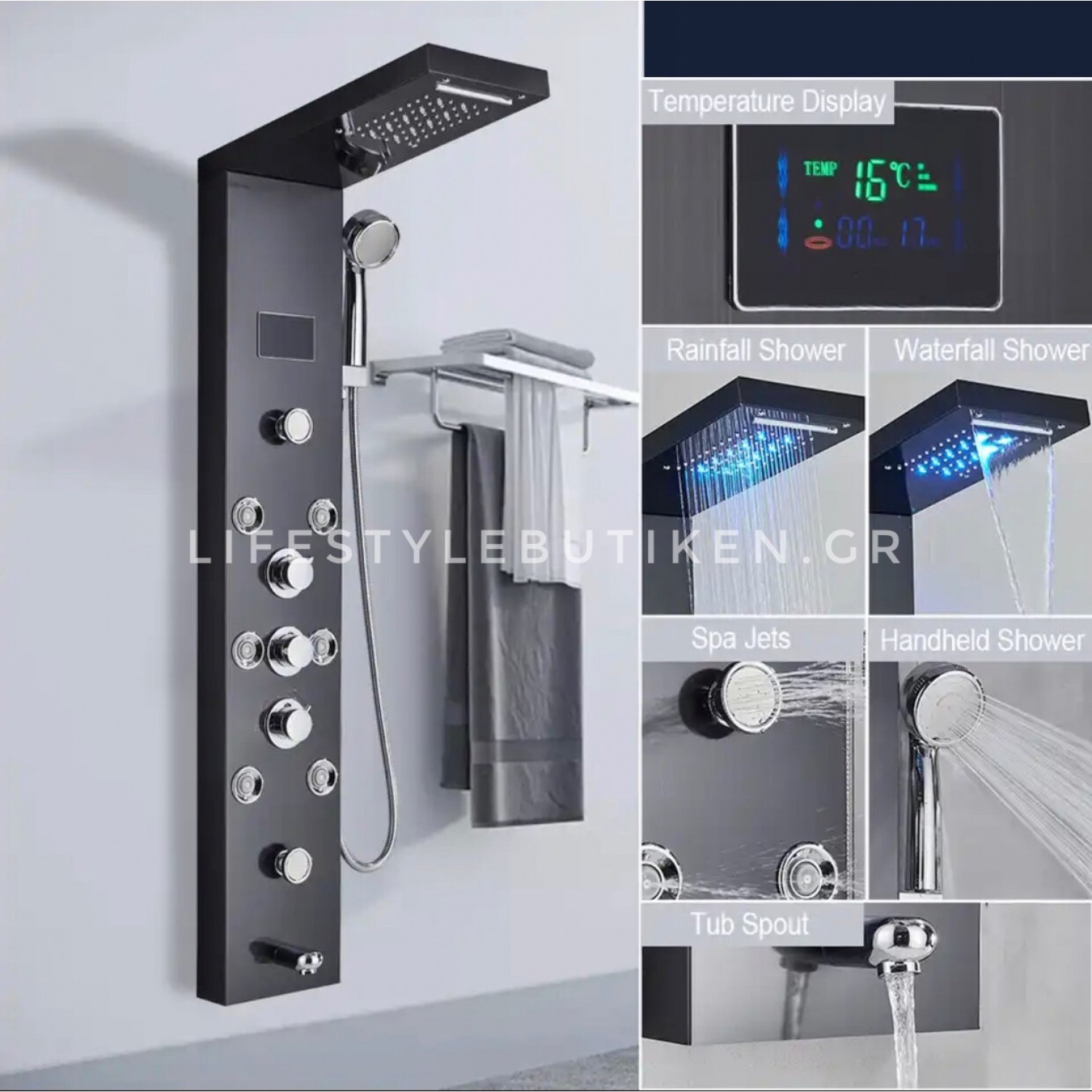 NARON Στήλη Ντουζ Υδρομασάζ Led Φωτισμό Και Ψηφιακή Οθόνη NR-6020B BLACK