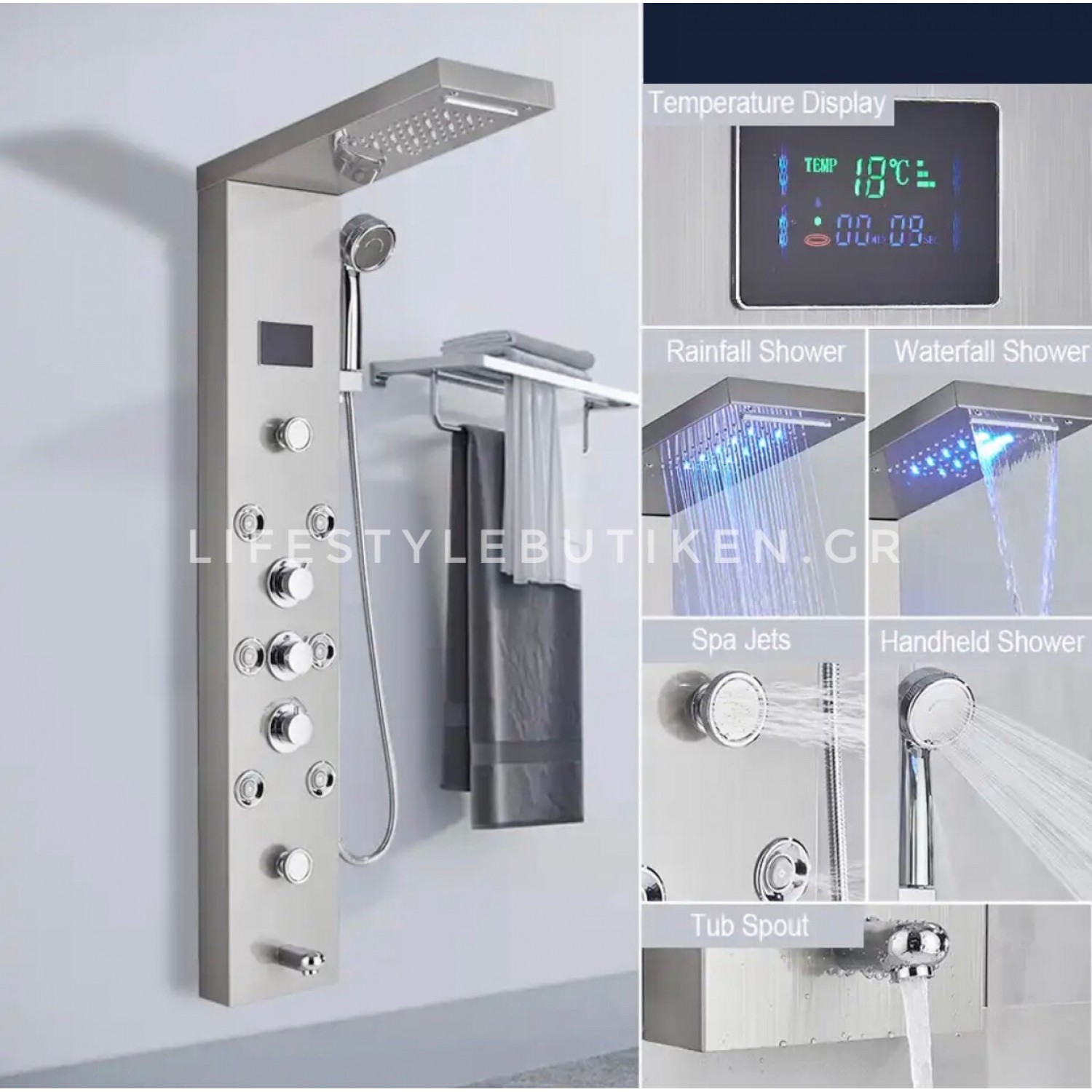 NARON Στήλη Ντουζ Υδρομασάζ Led Φωτισμό Και Ψηφιακή Οθόνη NR-6020MN MAT NICKEL