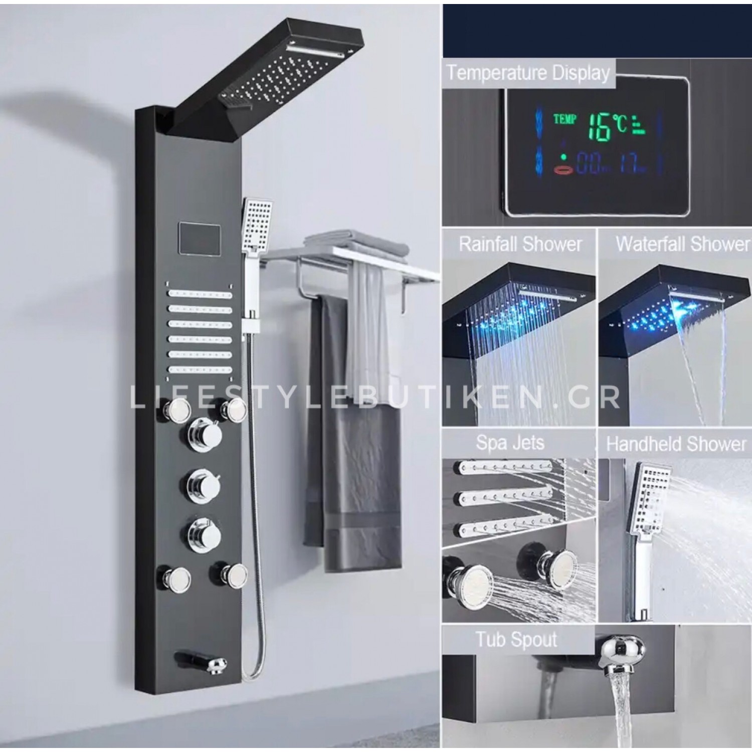 NARON Στήλη Ντουζ Υδρομασάζ Led Φωτισμό Και Ψηφιακή Οθόνη NR-6030B BLACK