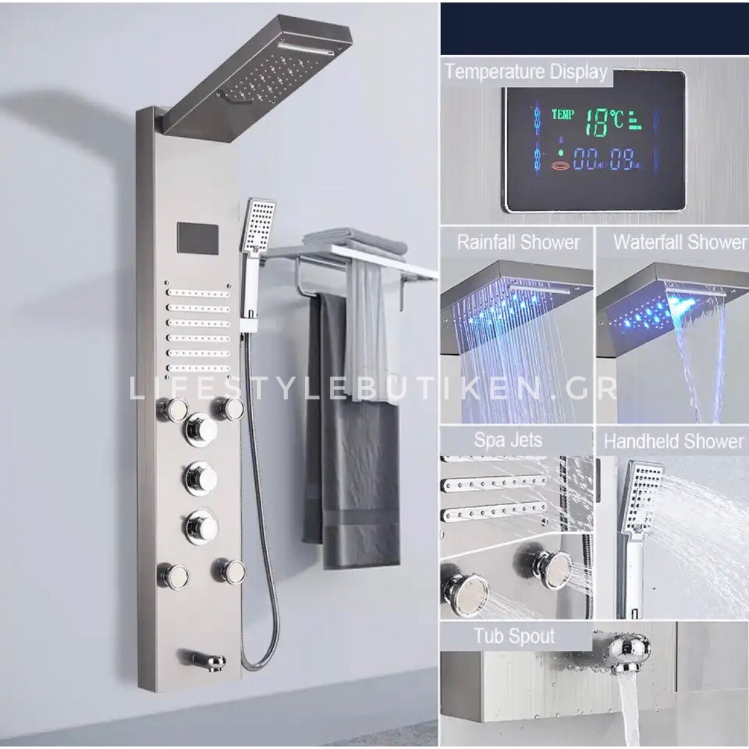 NARON Στήλη Ντουζ Υδρομασάζ Led Φωτισμό Και Ψηφιακή Οθόνη NR-6030MN MAT NICKEL