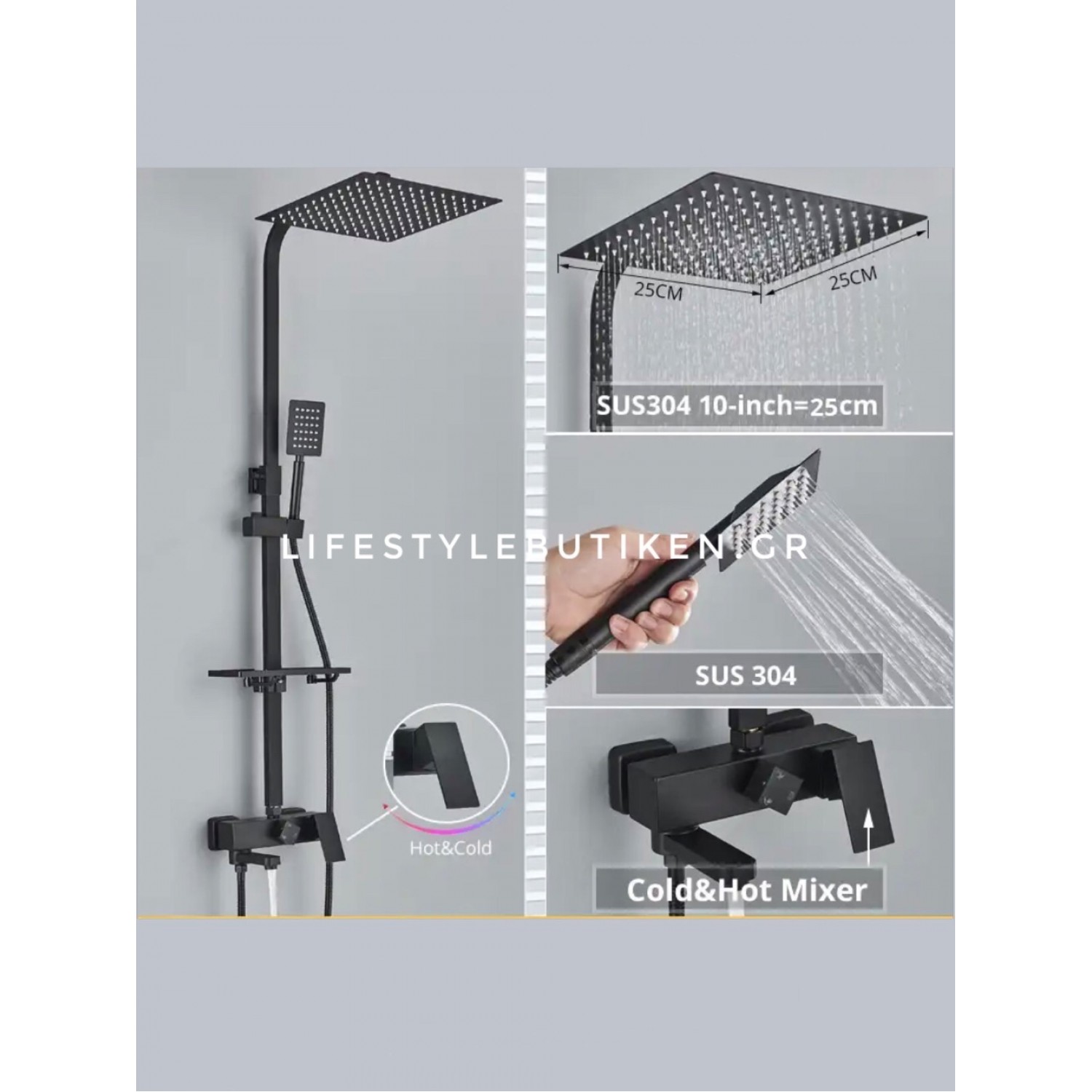 NARON Μεταλλική Στήλη Ντουζ 3 Εξόδων με Περιστρεφόμενο Ρουξούνι NR-7070B BLACK MAT