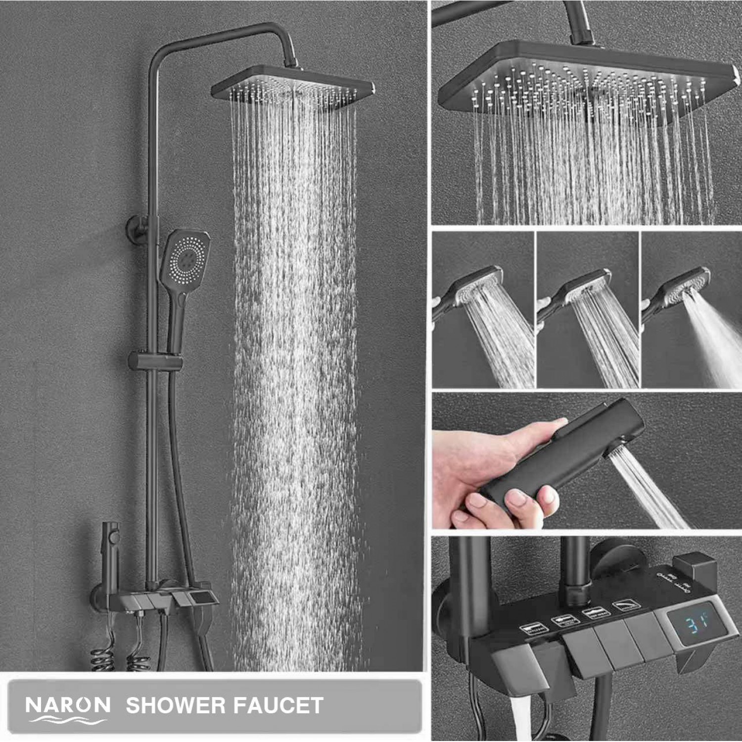 NARON Στήλη Ντουζ Με Μπαταρία Ψηφιακής Οθόνης Και Πλήκτρα Πιάνο NR4022 GUN GREY