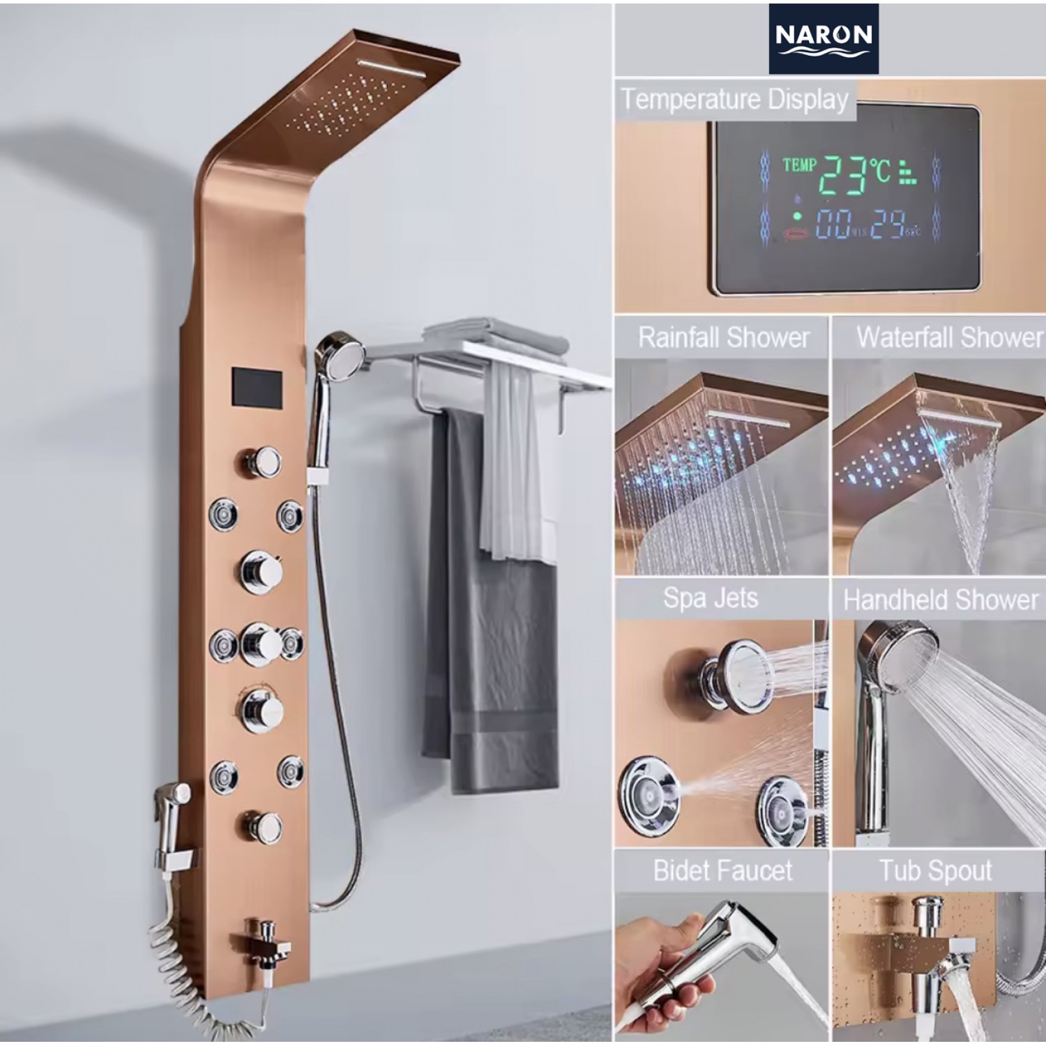 NARON Στήλη Ντουζ Υδρομασάζ Led Φωτισμό Και Ψηφιακή Οθόνη NR6220 ROSE GOLD