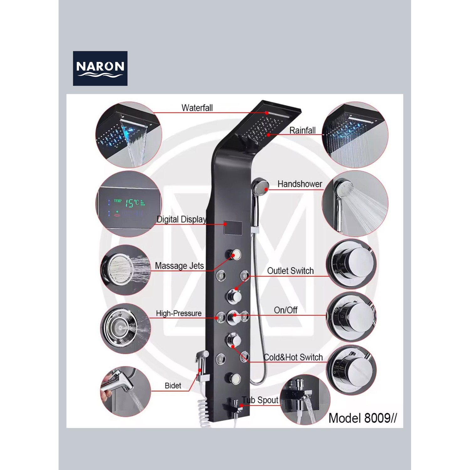NARON Στήλη Ντουζ Υδρομασάζ Led Φωτισμό Και Ψηφιακή Οθόνη NR6220 BLACK