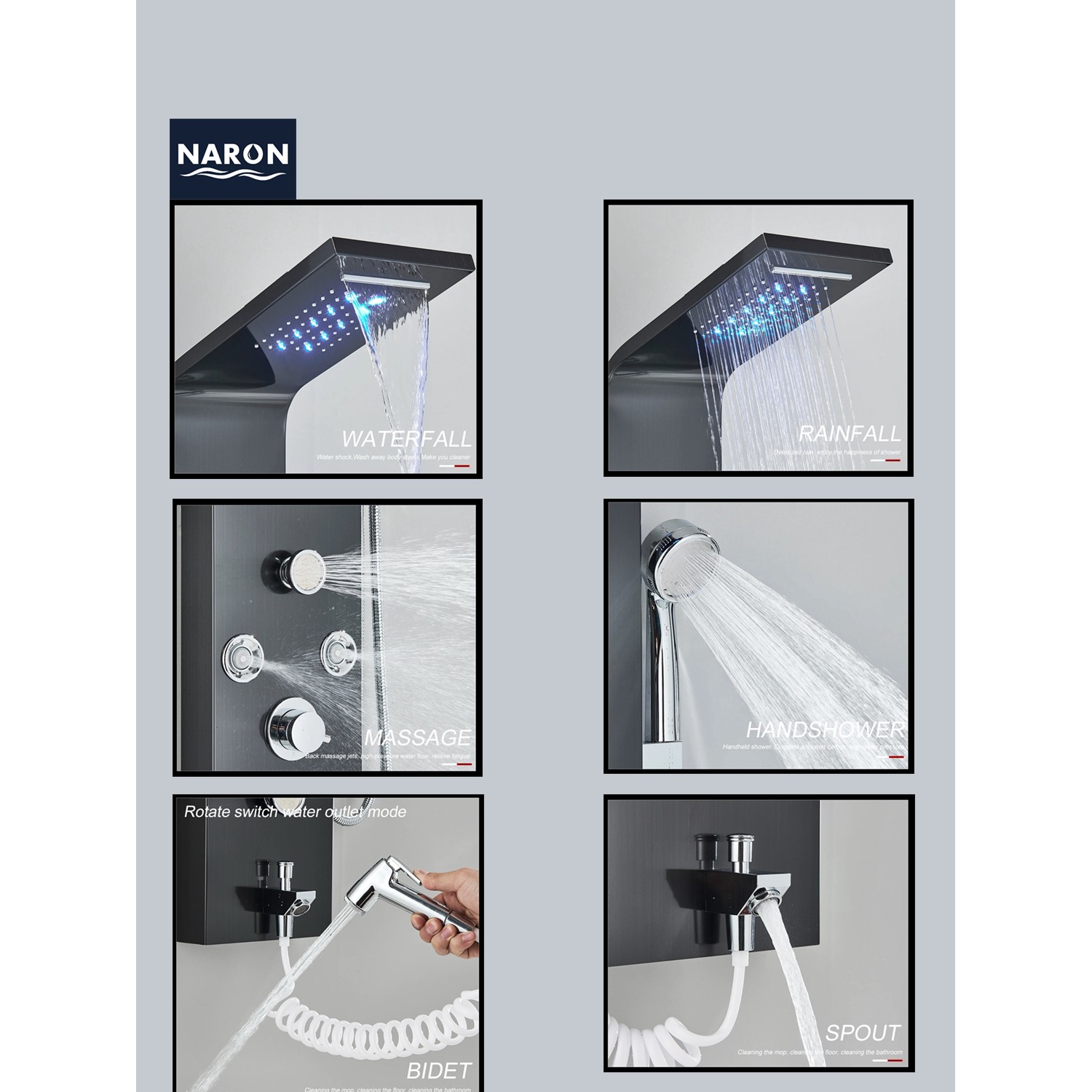 NARON Στήλη Ντουζ Υδρομασάζ Led Φωτισμό Και Ψηφιακή Οθόνη NR6220 BLACK