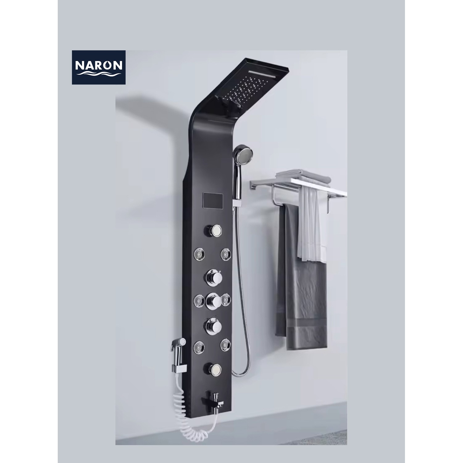 NARON Στήλη Ντουζ Υδρομασάζ Led Φωτισμό Και Ψηφιακή Οθόνη NR6220 BLACK