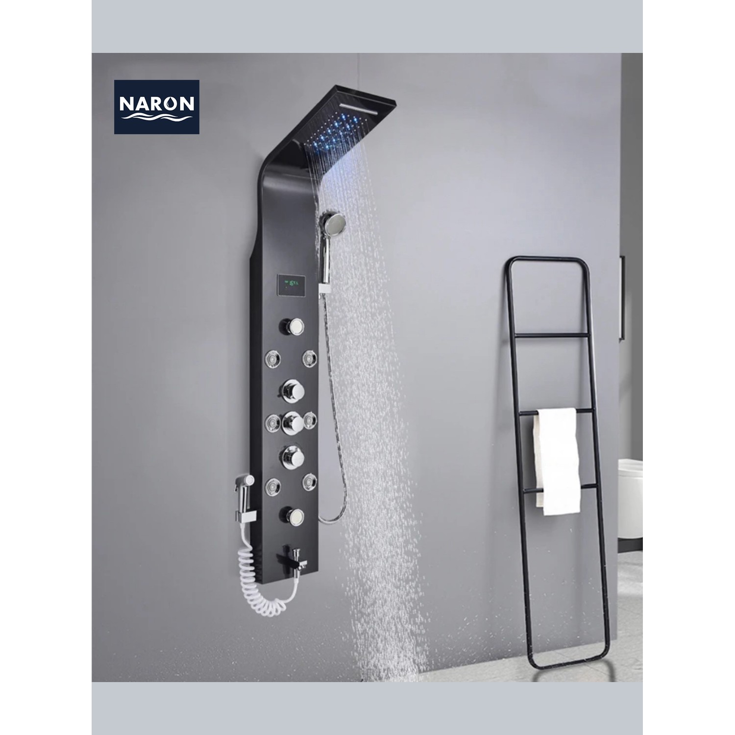 NARON Στήλη Ντουζ Υδρομασάζ Led Φωτισμό Και Ψηφιακή Οθόνη NR6220 BLACK