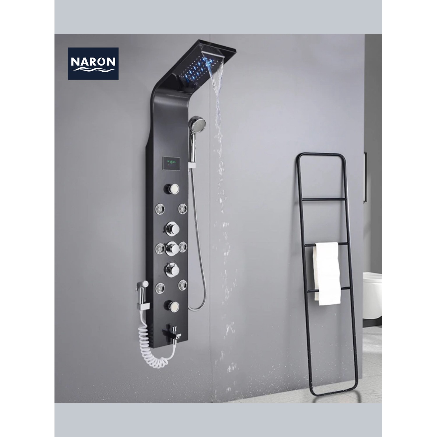 NARON Στήλη Ντουζ Υδρομασάζ Led Φωτισμό Και Ψηφιακή Οθόνη NR6220 BLACK