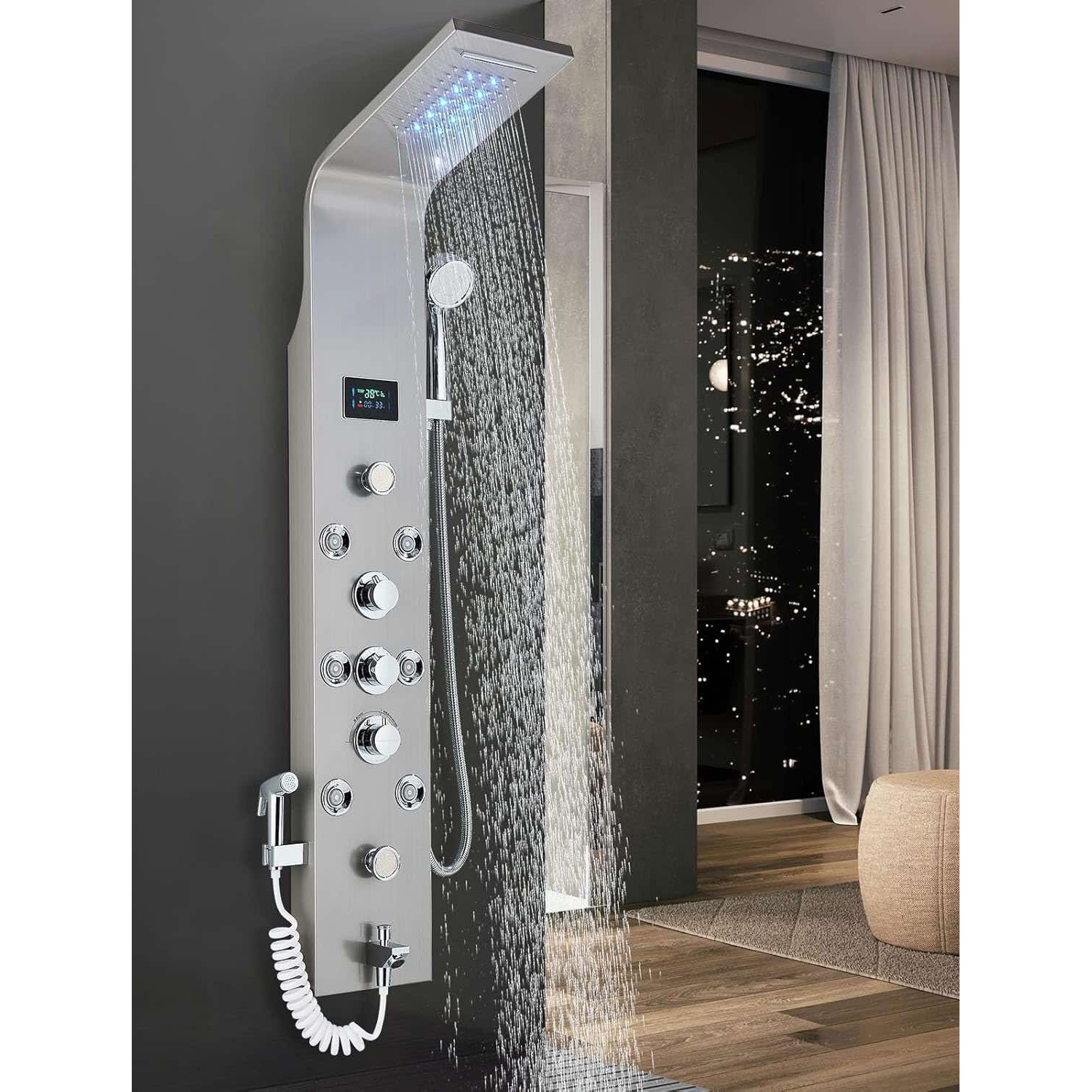 NARON Στήλη Ντουζ Υδρομασάζ Led Φωτισμό Και Ψηφιακή Οθόνη NR6220 MAT NICKEL