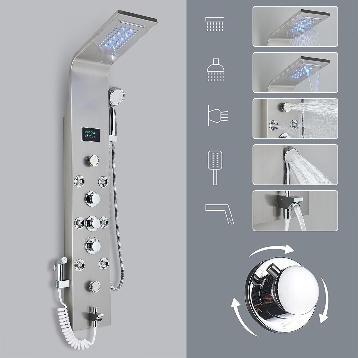 NARON Στήλη Ντουζ Υδρομασάζ Led Φωτισμό Και Ψηφιακή Οθόνη NR6220 MAT NICKEL